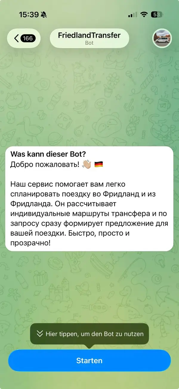 Пример интерфейса Telegram-бота Friedland Transfer